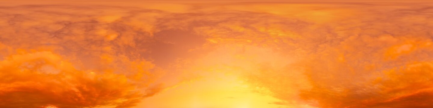 Sunset sky panorama with bright glowing pink Cumulus clouds. HDR 360 seamless spherical panorama. Full zenith or sky dome in 3D, sky replacement for aerial drone panoramas. Climate and weather change.