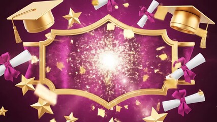 A lavish and festive graduation celebration background featuring shimmering golden mortarboards elegantly rolled diplomas tied with ribbons and a cascade of sparkling gold confetti and stars all surr.