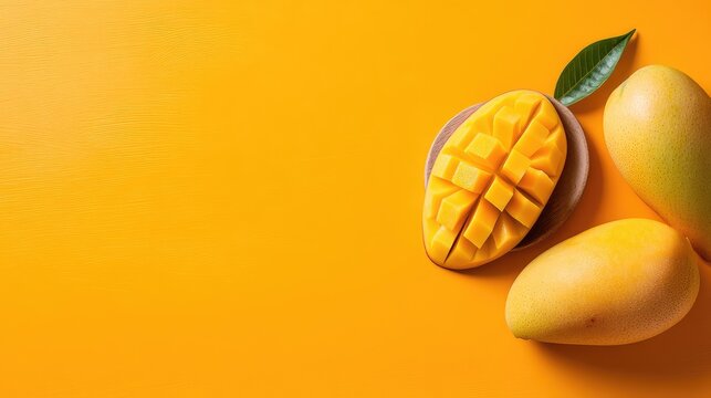 Fresh Mangoes on Vibrant Yellow Background with Sliced Mango Showing Juicy and Ripe Pulp, Perfect for Summer Fruit and Tropical Food Themes