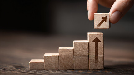 A hand places the final block, completing the upward staircase, symbolizing growth and progress. The image evokes a sense of accomplishment and forward momentum.