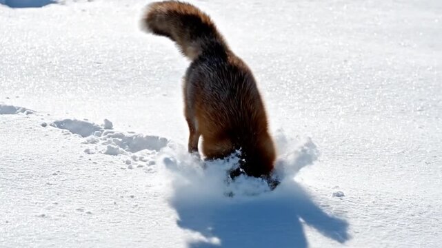 Red Fox Hunting in Snow - A Winter Wildlife Scene.