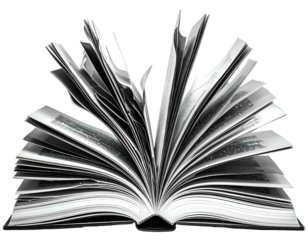 Black and white image of an open book with pages fanned outwards