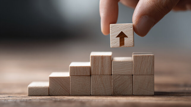 A hand placing the final block with an upward arrow on top of a staircase made of wooden blocks, symbolizing growth and progress