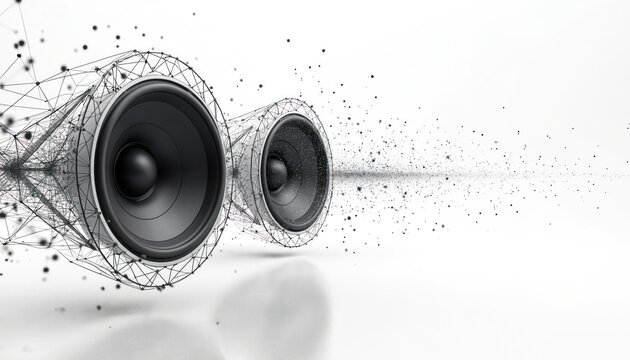 Two abstract speakers emit sound waves. Wireframe polygon structures surround the audio devices. Small dots and particles create a sense of motion and data transfer across a clean white background.