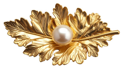 Golden leaf-shaped brooch with a pearl center