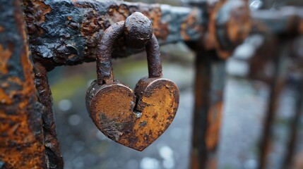 A deeply rusted heart-shaped padlock clinging to an old and weathered metal structure