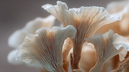 close-up of delicate, gilled mushrooms with soft, wavy caps and slender stems