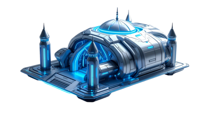 Futuristic sci-fi structure with glowing blue lights and intricate design