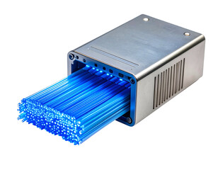 A metal box with illuminated blue fiber optic strands emanating from it