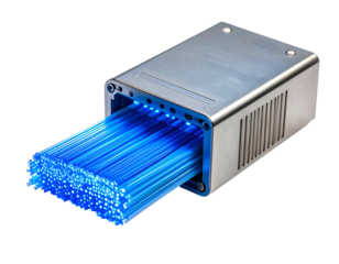 A metal box with illuminated blue fiber optic strands emanating from it