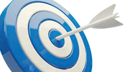 Arrow hitting bullseye on blue and white target