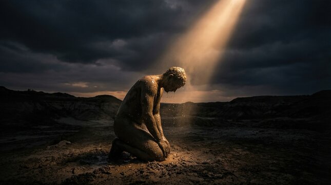 Man of clay kneeling under a divine light beam, symbolizing creation from dust and water. Spiritual concept of human origin and humility.