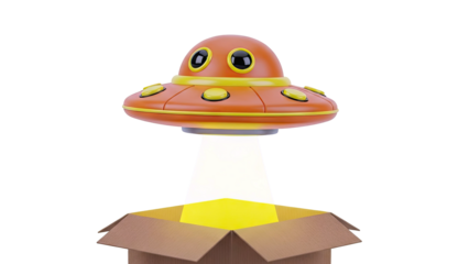 Cartoon UFO beaming light into an open cardboard box