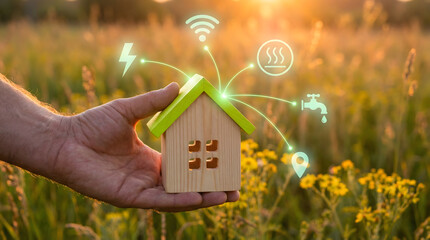 Sustainable Living Concept with Small House Model Held in Hand at Sunset