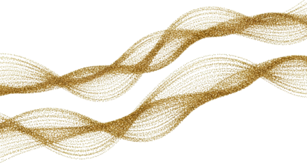 Three sinuous ribbons of shimmering golden micro-particles flowing rapidly against a transparent background, 3d render, ray tracing, macro view. concept of festive luxury and glamour
