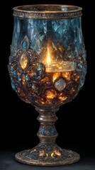 2D hand drawn medieval ornate goblet with glowing liquid, detailed fantasy game art, decorative metalwork and intricate patterns, magical effect, isolated on white background