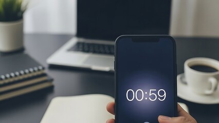 Modern desk with smartphone showing timer, laptop, notebook, and coffee, ready for productive work.