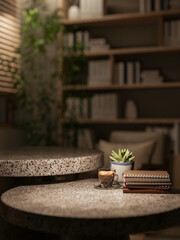 Coffee cup and books aside potted planted on round stone tables across bookshelf in dim living room © bongkarn