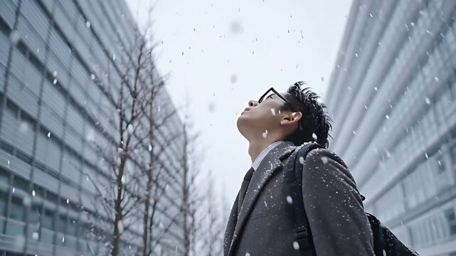近代的なビル群の間で雪に打たれる日本人ビジネスマン