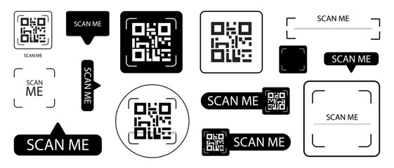 Set of modern black and white QR code templates and "Scan Me" buttons. Various minimalist designs with frames for digital marketing, mobile apps, and business. High-quality vector illustration.