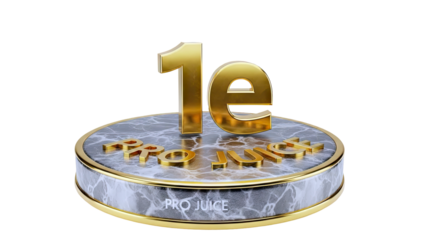 Gold '1e' and 'PRO JUICE' lettering on marble pedestal