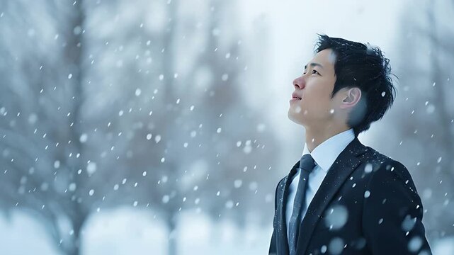 大粒の雪が降る中で何かを祈るような日本人ビジネスマン