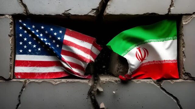 flags of the usa and iran on a cracked wall background symbolising geopolitical conflict and tension