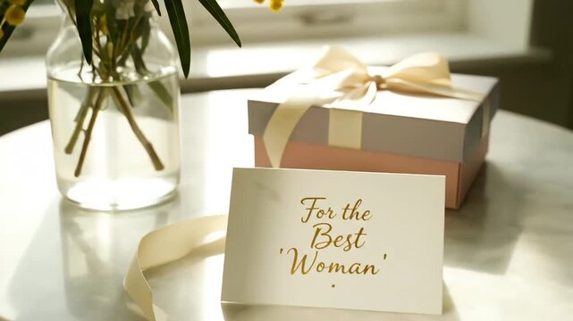 woman hands placing vase with yellow mimosa flowers on a table next to a gift box and card