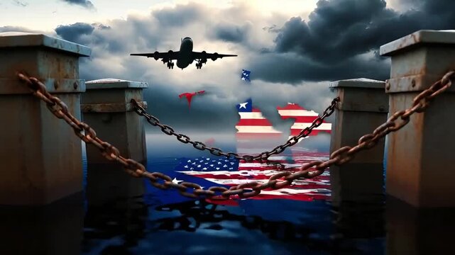 map of cuba painted in the colors of the american flag hangs over the water behind rusty chains as a military plane flies in a cloudy sky reflecting the theme of the embargo