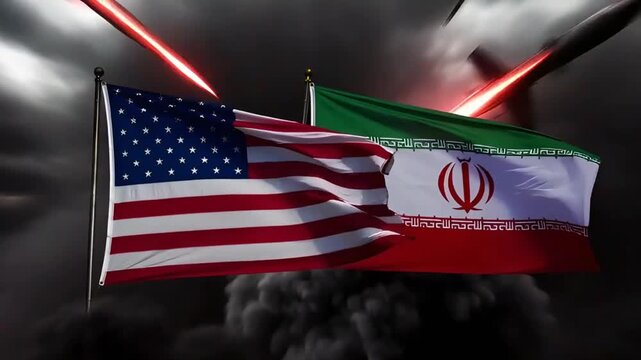us and iran flags fly against a dark stormy sky as missiles and fighter jets fly through the air creating an atmosphere of military confrontation and geopolitical tension
