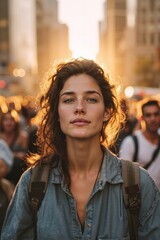 A woman with a backpack standing in the middle of a crowded street
