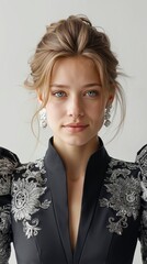 A woman wearing a black dress with silver embroidery on it