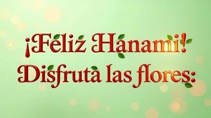 a bush of red roses on a soft green background with shimmering highlights and a greeting in spanish for hanami festival an invitation to enjoy the flowers in a calm atmosphere