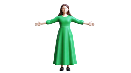 3D Cartoon Woman in Green Dress with Arms Outstretched