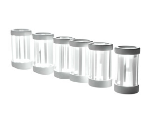 Six cylindrical objects with vertical glowing light panels, gray caps