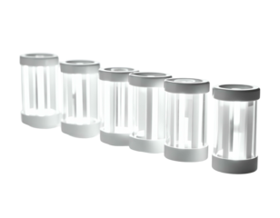 Six cylindrical objects with vertical glowing light panels, gray caps
