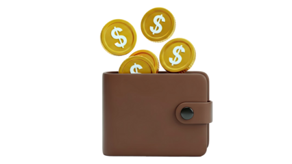 Brown Wallet Overflowing with Gold Dollar Coins