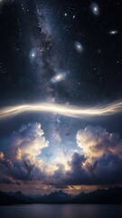 Fototapeta premium Divided realms with cosmic view above and angels in the clouds over mountains and water, symbolizing Gods creation of heaven and earth.