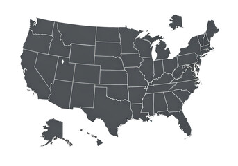 Precisely rendered flat design vector map of the 50 united states in solid anthracite gray, isolated on a stark white background. Concept of geographic structure