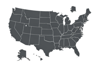 Precisely rendered flat design vector map of the 50 united states in solid anthracite gray, isolated on a stark white background. Concept of geographic structure