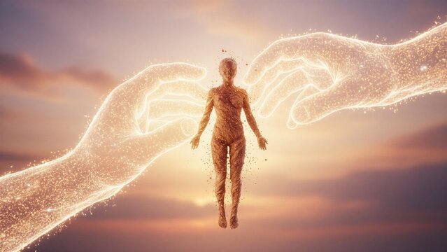 Divine hands creating the first woman from dust and light under a beautiful sky. Concept of creation from the Book of Genesis.