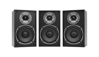 Three Black Stereo Speakers with Woofers and Tweeters On Transparent Background for Audio Equipment