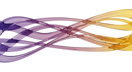 Abstract 3d vector ribbon geometry, dynamic gold and violet gradient, ultra-translucent material with refractions on a crisp white background. Concept of sophisticated digital elegance