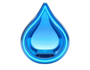Stylized, luminous blue water droplet with a glowing outline