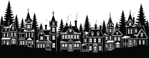 Fototapeta premium Vintage Victorian house skyline silhouette with detailed classic architecture and pine trees, winter village design isolated on white background illustration