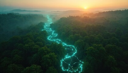 Aerial view over green forest at dawn with glowing blue digital network lines. Sunrise mist over mountains. Concept of future eco connectivity and global tech. Nature blended with digital elements.