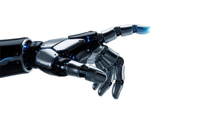 Hyper-detailed macro of a titanium futuristic cybernetic hand activating a blue holographic interface with an ai brain diagram, on a bright white studio backdrop. Concept of human-machine mastery