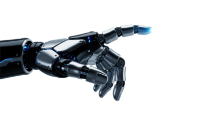 Hyper-detailed macro of a titanium futuristic cybernetic hand activating a blue holographic interface with an ai brain diagram, on a bright white studio backdrop. Concept of human-machine mastery