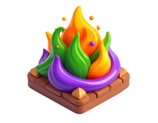 Stylized, colorful fire design with stylized flames and a stone base
