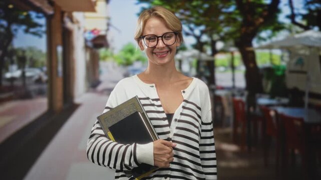 Woman holding notebooks, hand clutching journal and smiling while wearing glasses and striped sweater on street cafe walkway; contentment learning.